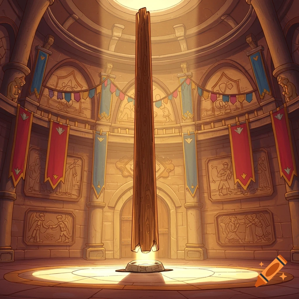 A large wooden pole stands in a sunlit fantasy castle hall with carved walls and banners.