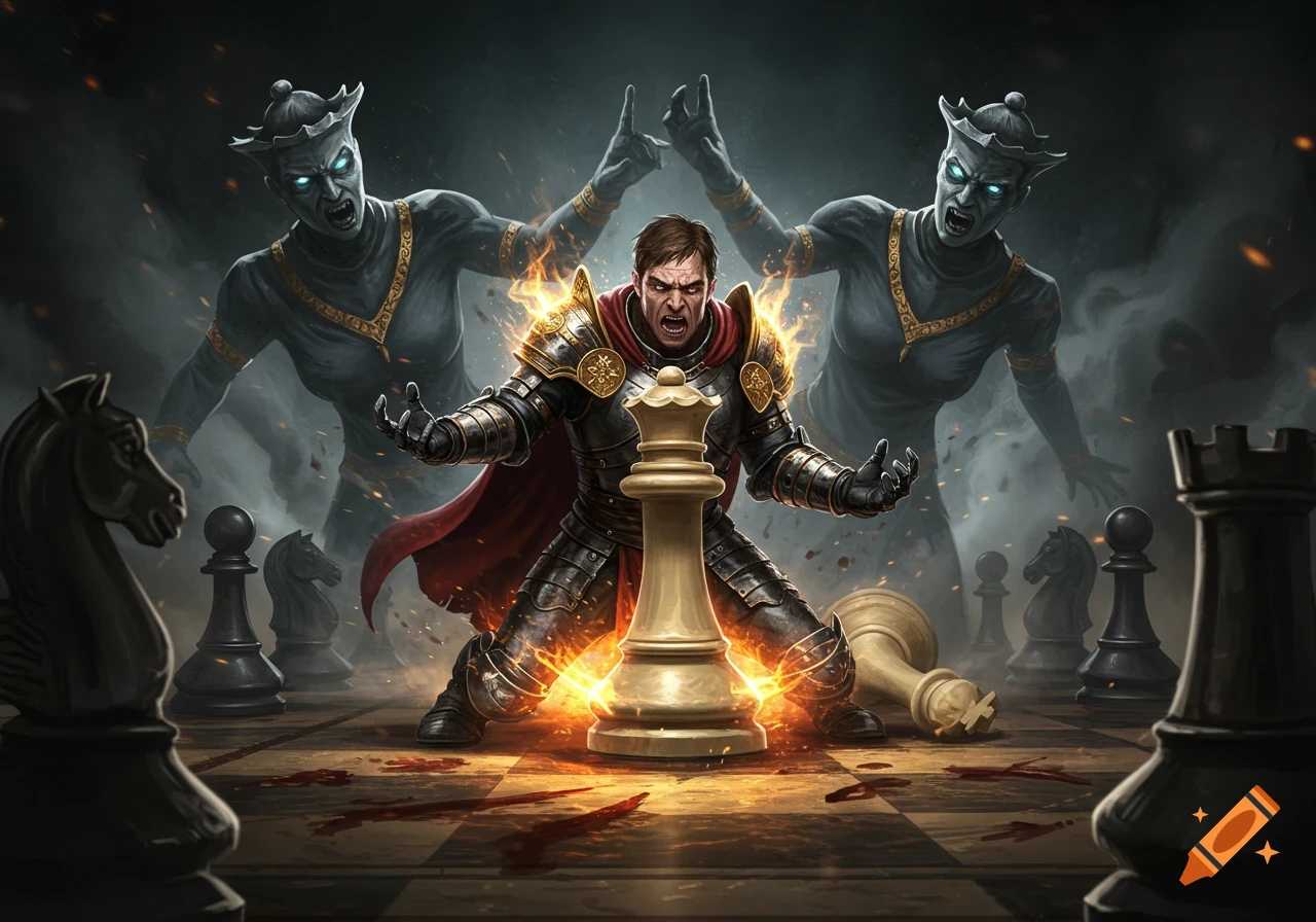 A man in armor stands on a chessboard, engaged in battle with two eerie figures, while surrounded by chess pieces.