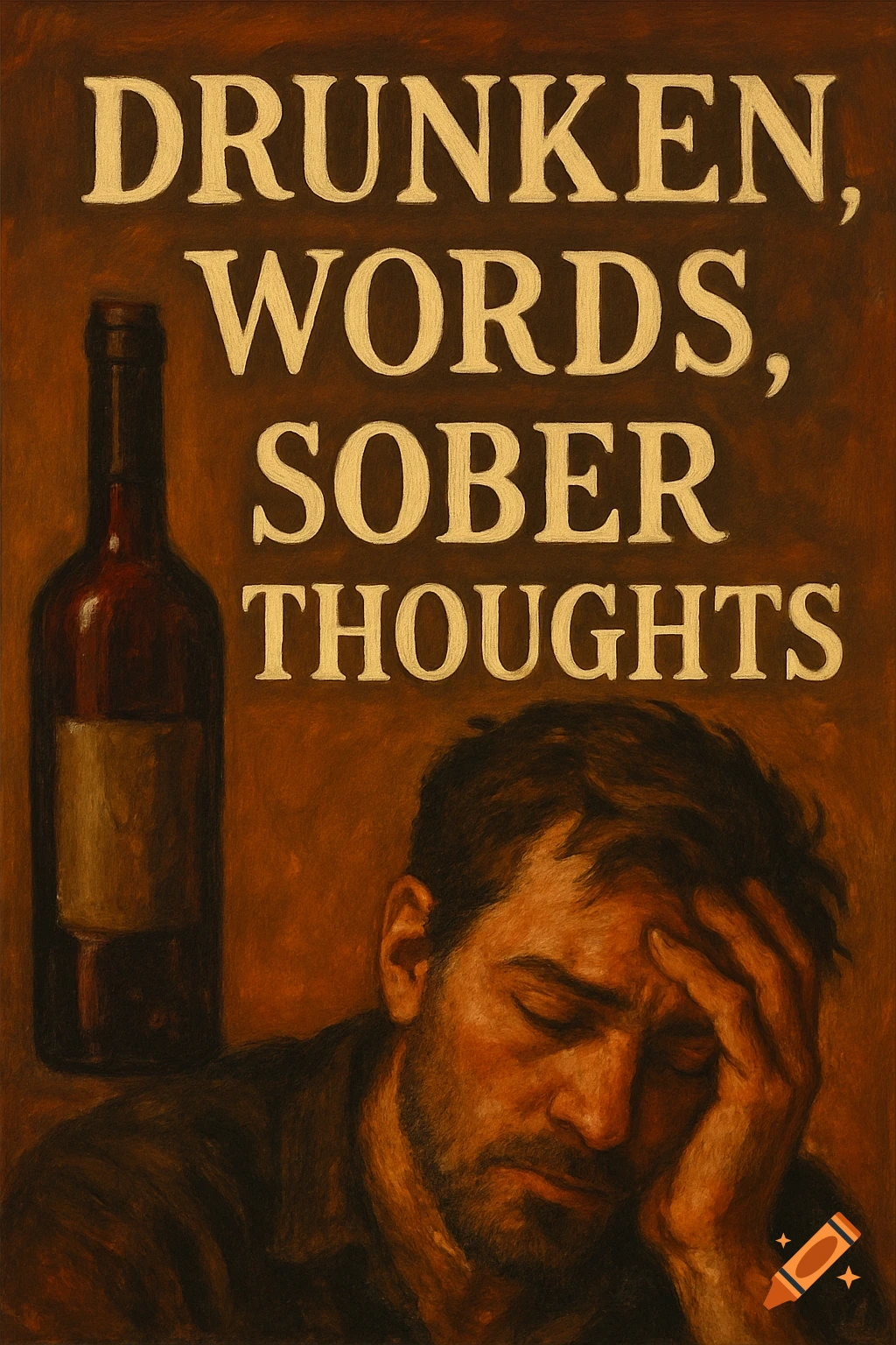 A man with his hand on his forehead is next to a bottle of alcohol, with text reading 'Drunken, Words, Sober Thoughts'.