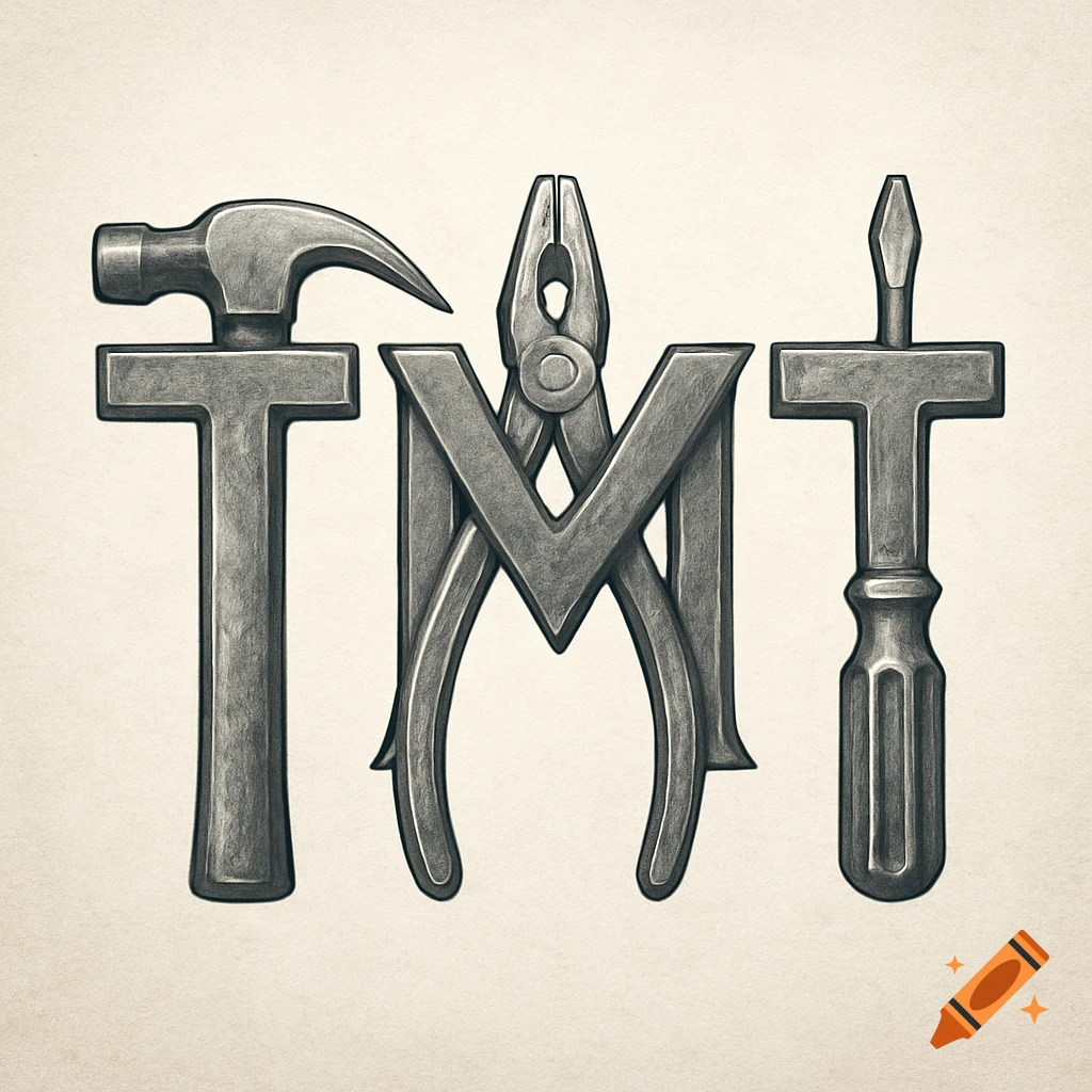 Business logo with the letters TMT formed by a hammer, pliers, and screwdriver in a sketch style.