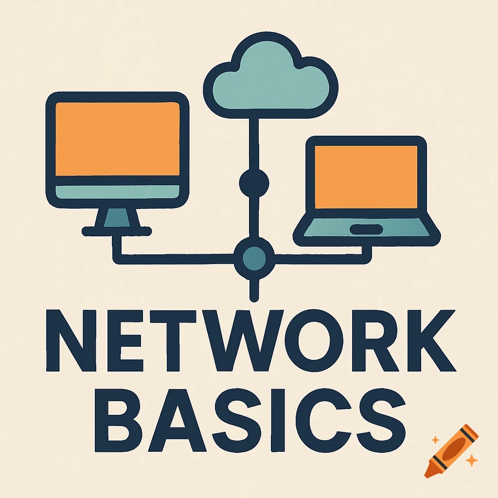 Illustration of a computer network diagram connecting desktop, laptop, and cloud, with text Network Basics.