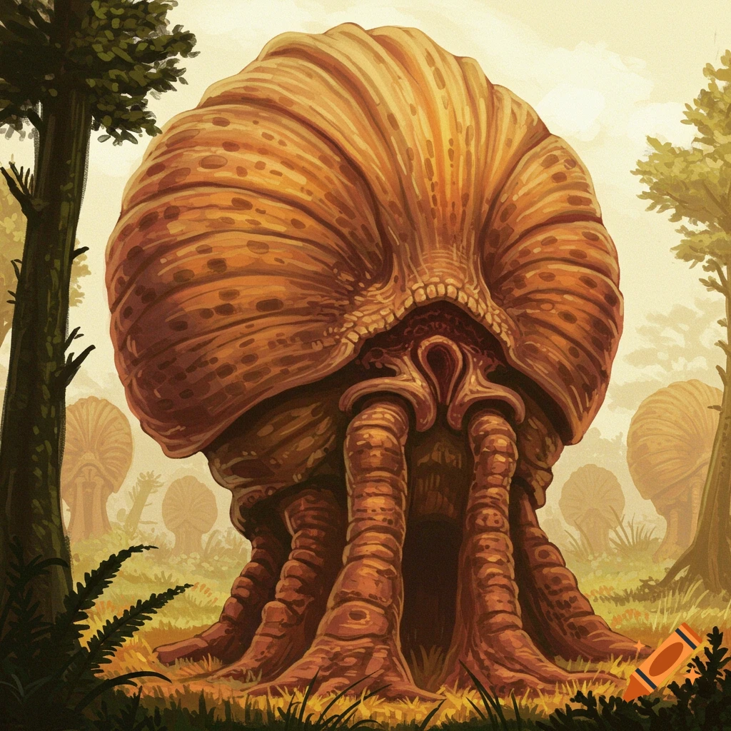 A large, strange, fungal-like creature in a forest.