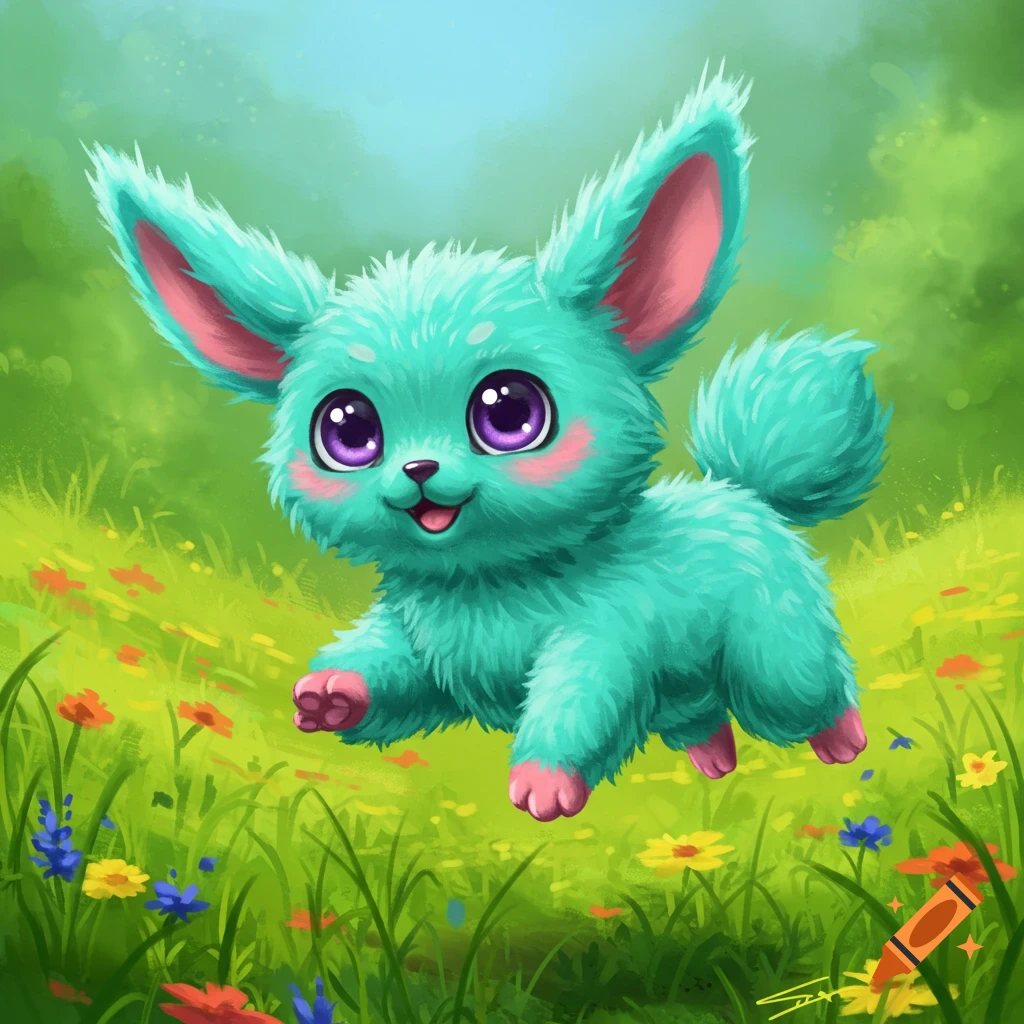A cute teal fantasy creature with big pink ears runs through a flower field.