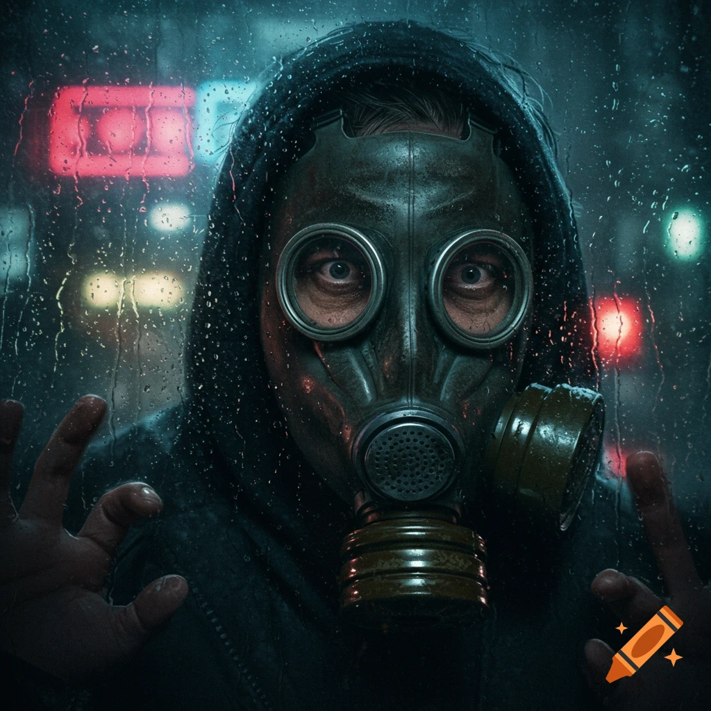 Creepy man in a gas mask staring through a wet window with blurry neon lights outside.
