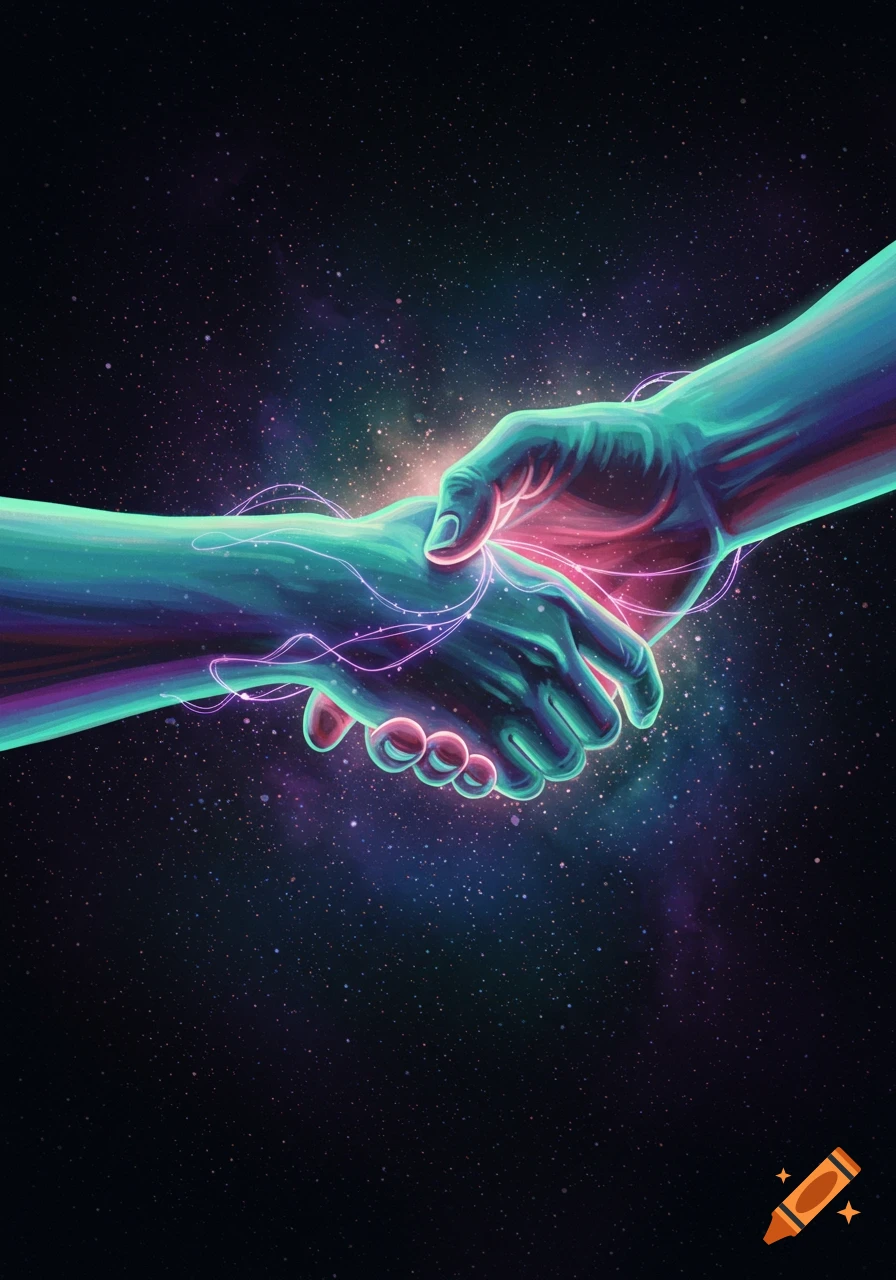 Two hands shaking in a starry, glowing space