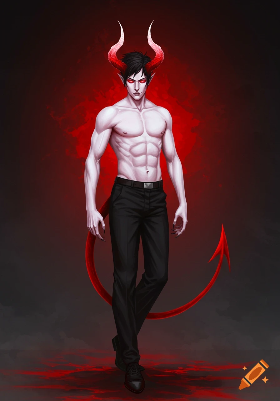 A shirtless demon man with red horns and tail.