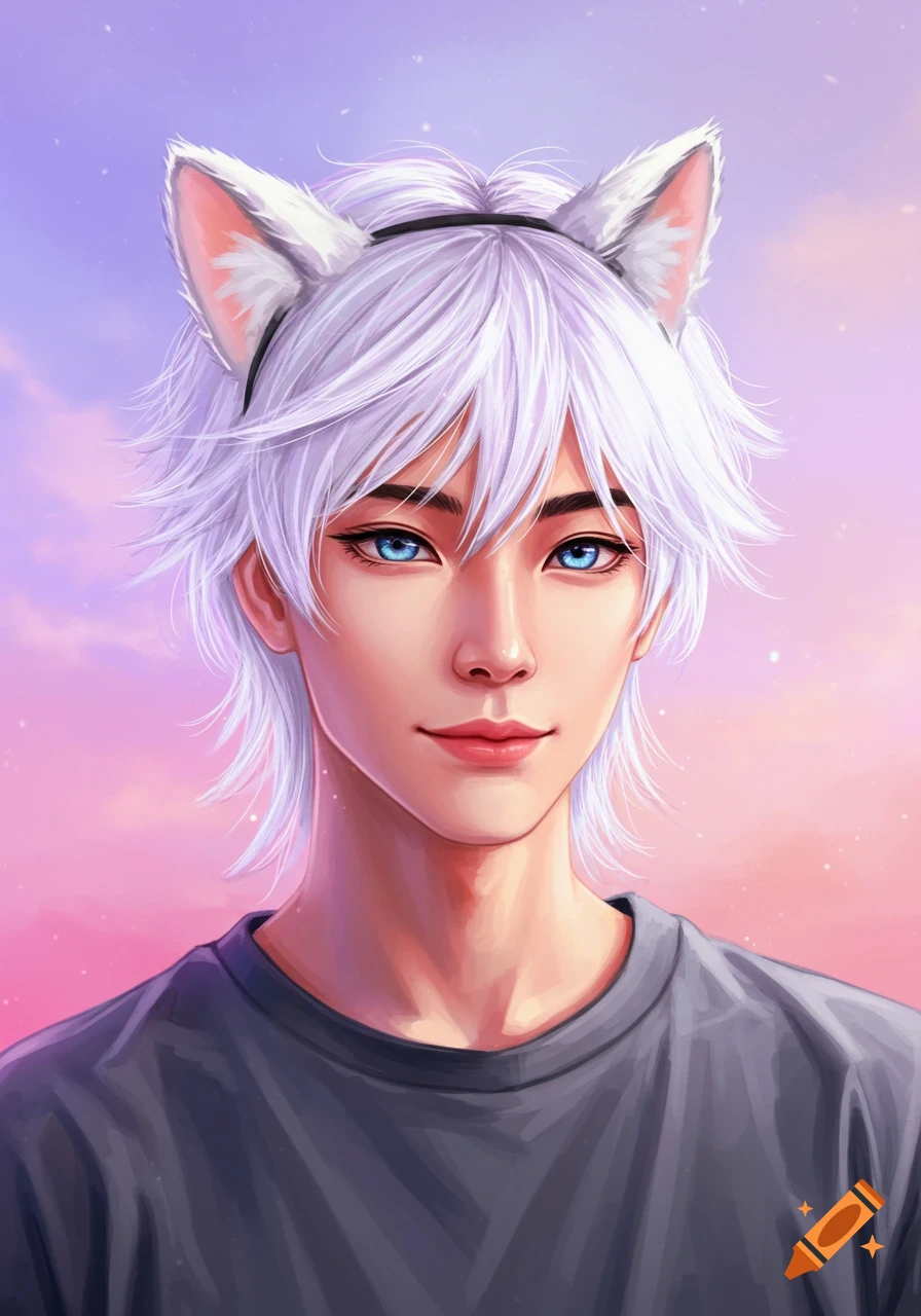 A young person with white hair, blue eyes, and white cat ears against a pink and purple sky.