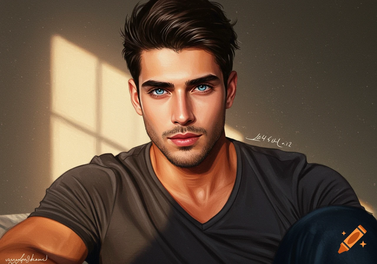 A young man with bright blue eyes looks forward.