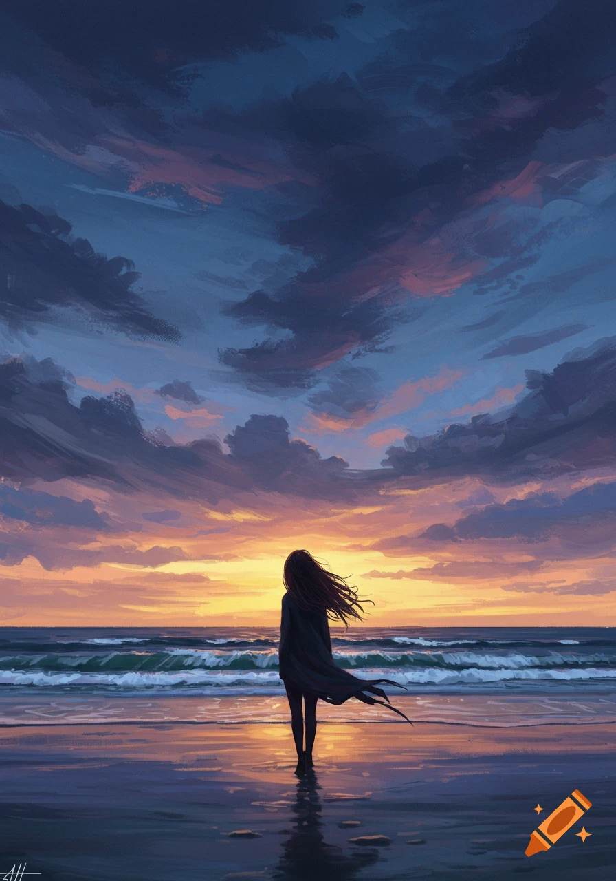 A solitary figure on a beach at sunset.