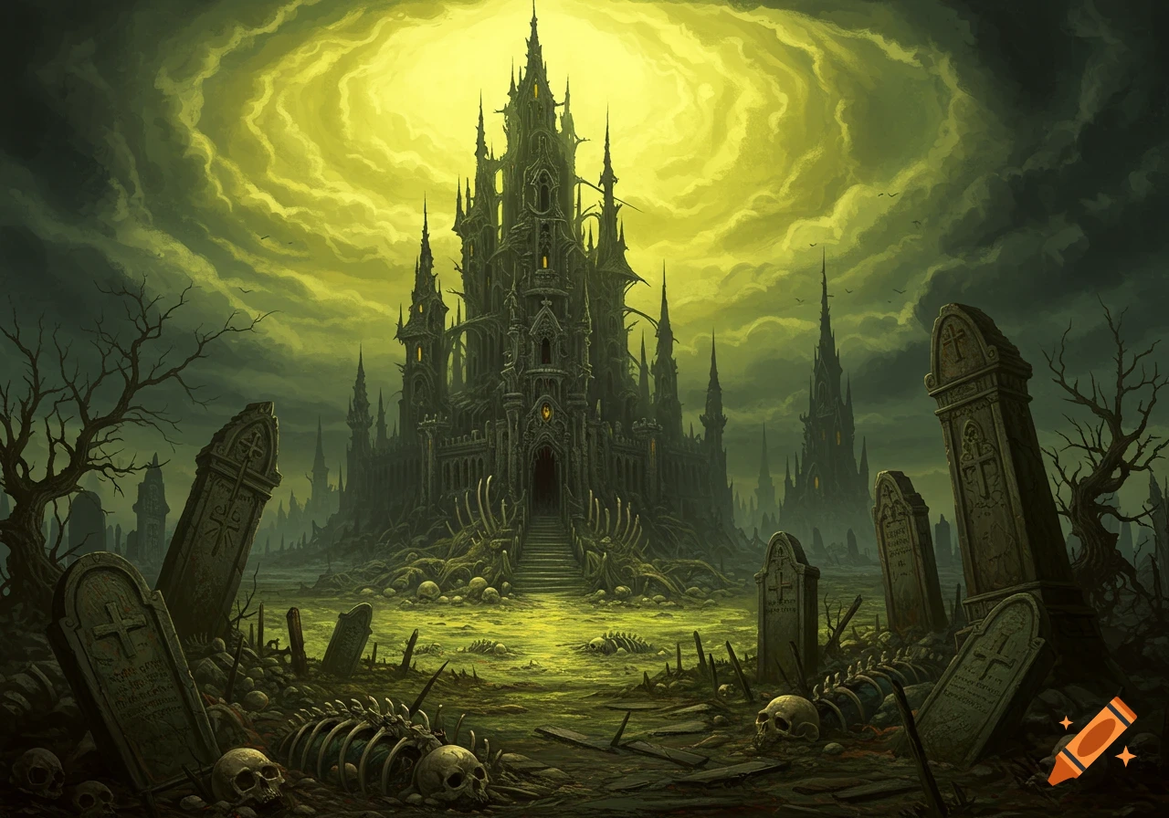Dark gothic castle made of bones in a graveyard under a swirling green sky, in the style of Beksinski.