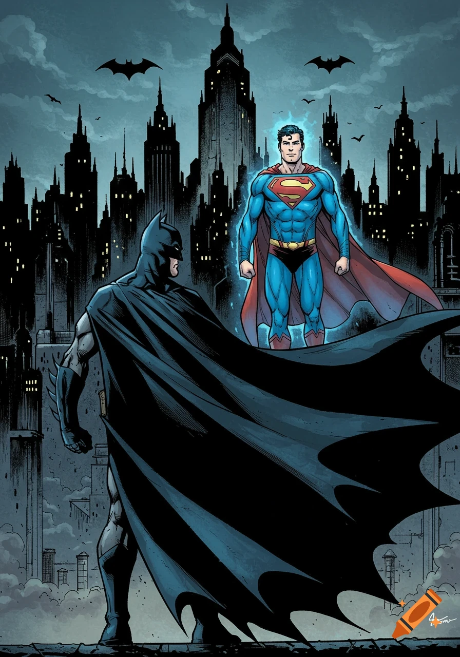 Batman and Superman meet on a rooftop overlooking a city skyline at night