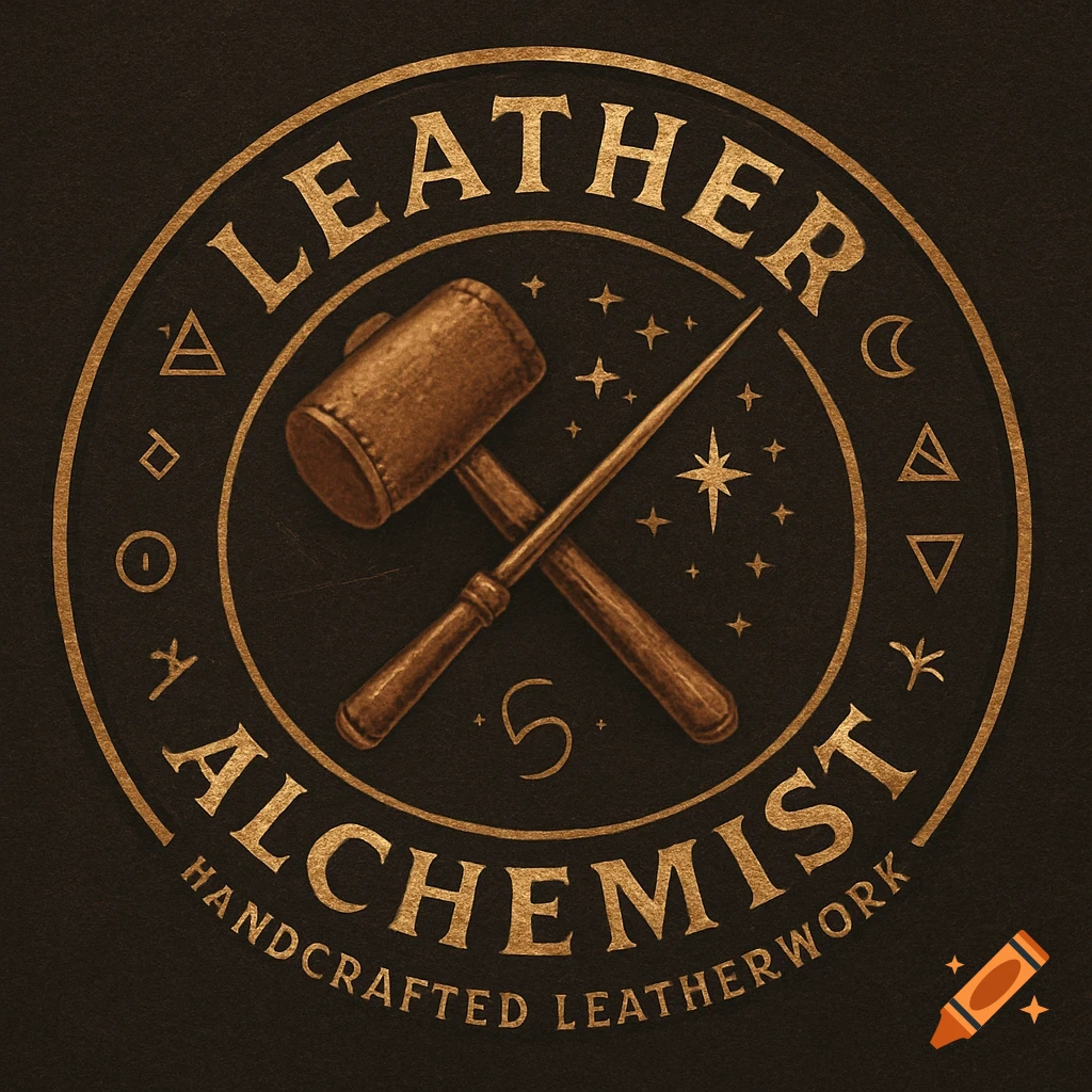 Circular gold logo on dark background with text 'Leather Alchemist Handcrafted Leatherwork', a mallet, wand, and symbols.