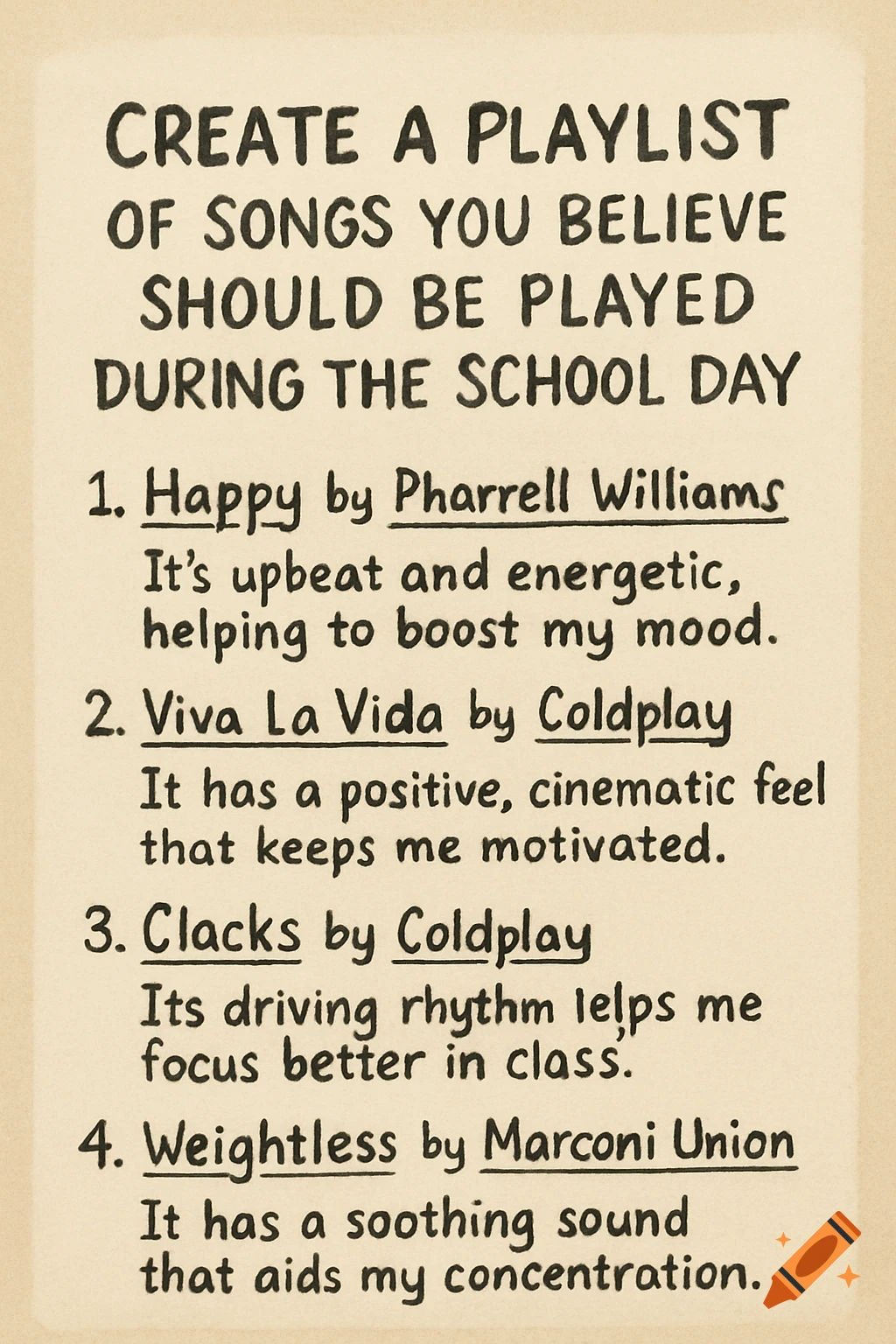 Handwritten list of songs for a school playlist with descriptions on beige background.