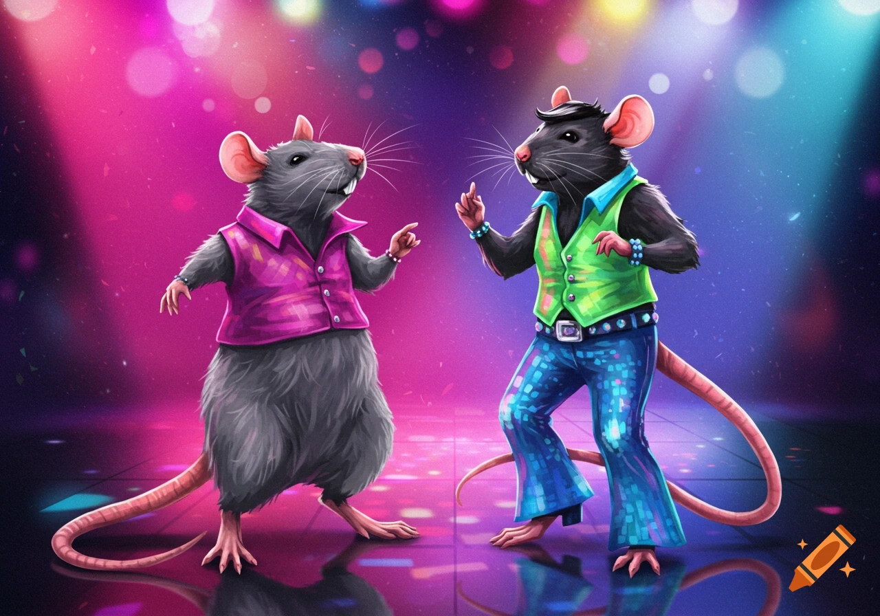 Two anthropomorphic rats in disco clothes dancing under colorful lights.