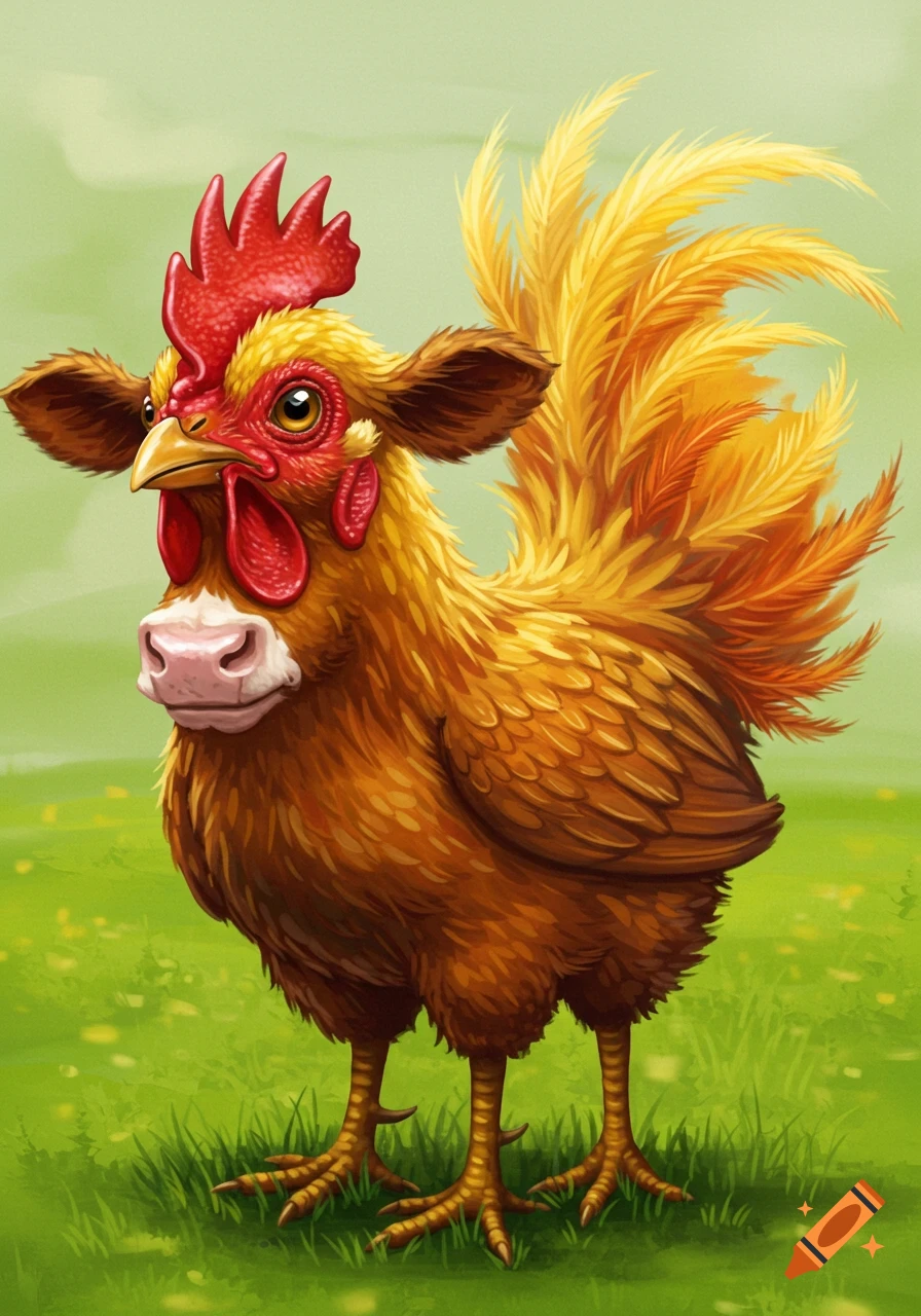 A bizarre hybrid creature with a cow's head and a chicken's body standing in a grassy field.
