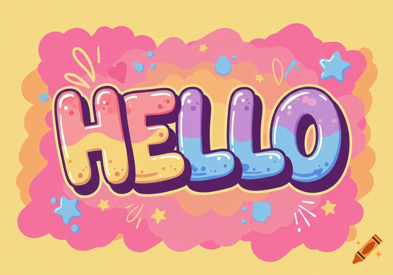 The word HELLO is displayed in colorful bubble letters against a yellow background, adorned with clouds and stars.