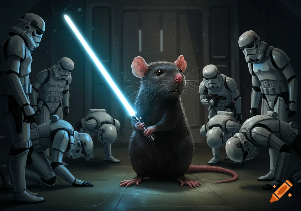 A large rat wielding a lightsaber stands before several bowing stormtroopers in a dark corridor.