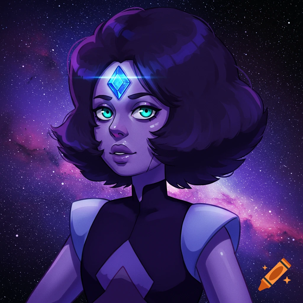 A portrait of a purple-skinned character with a blue diamond on their forehead and turquoise eyes against a galaxy background.