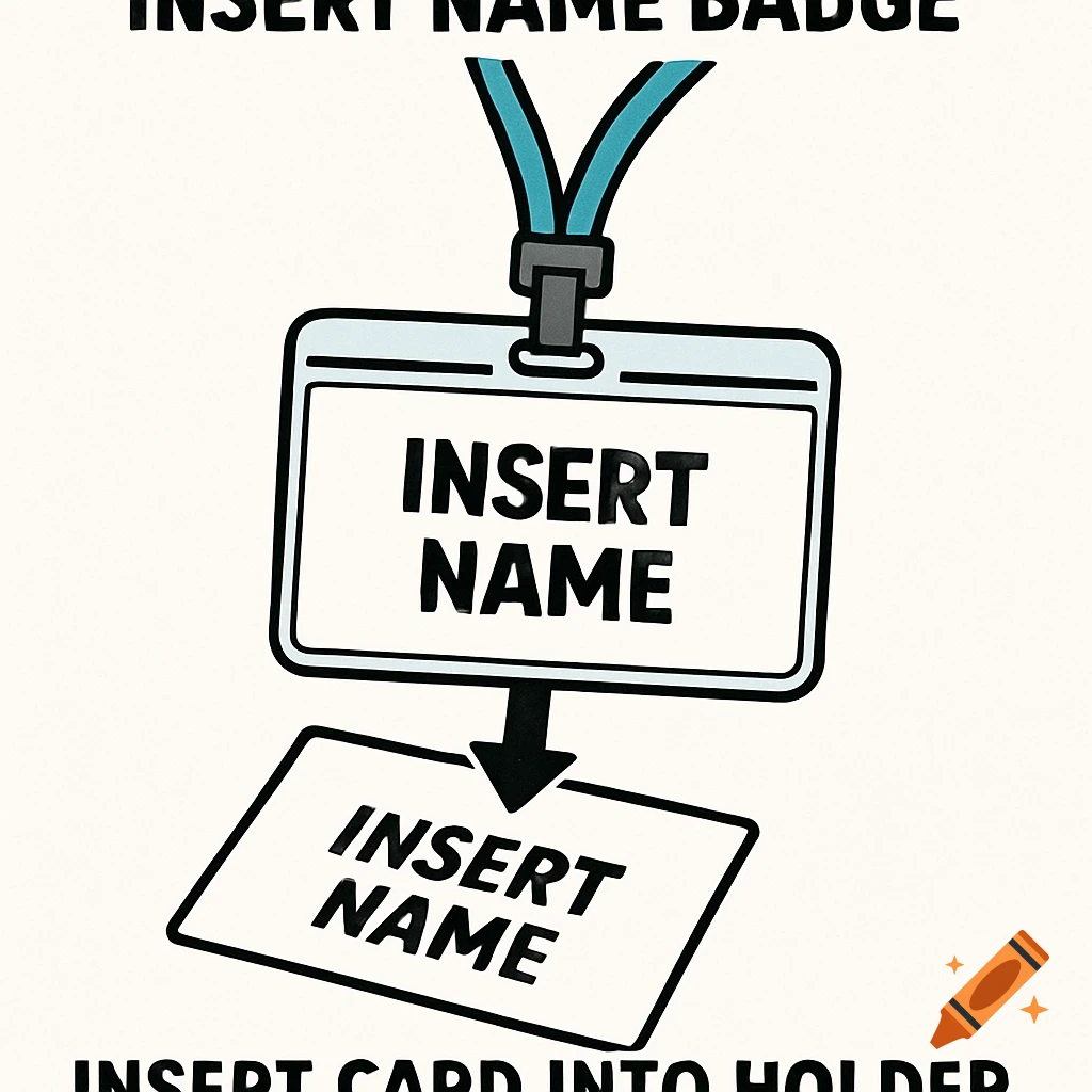 Diagram showing how to insert a card into a name badge holder, clip art style.