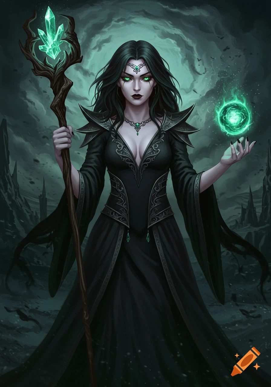 A dark sorceress in a black dress holding a glowing staff and orb in a dark fantasy landscape.