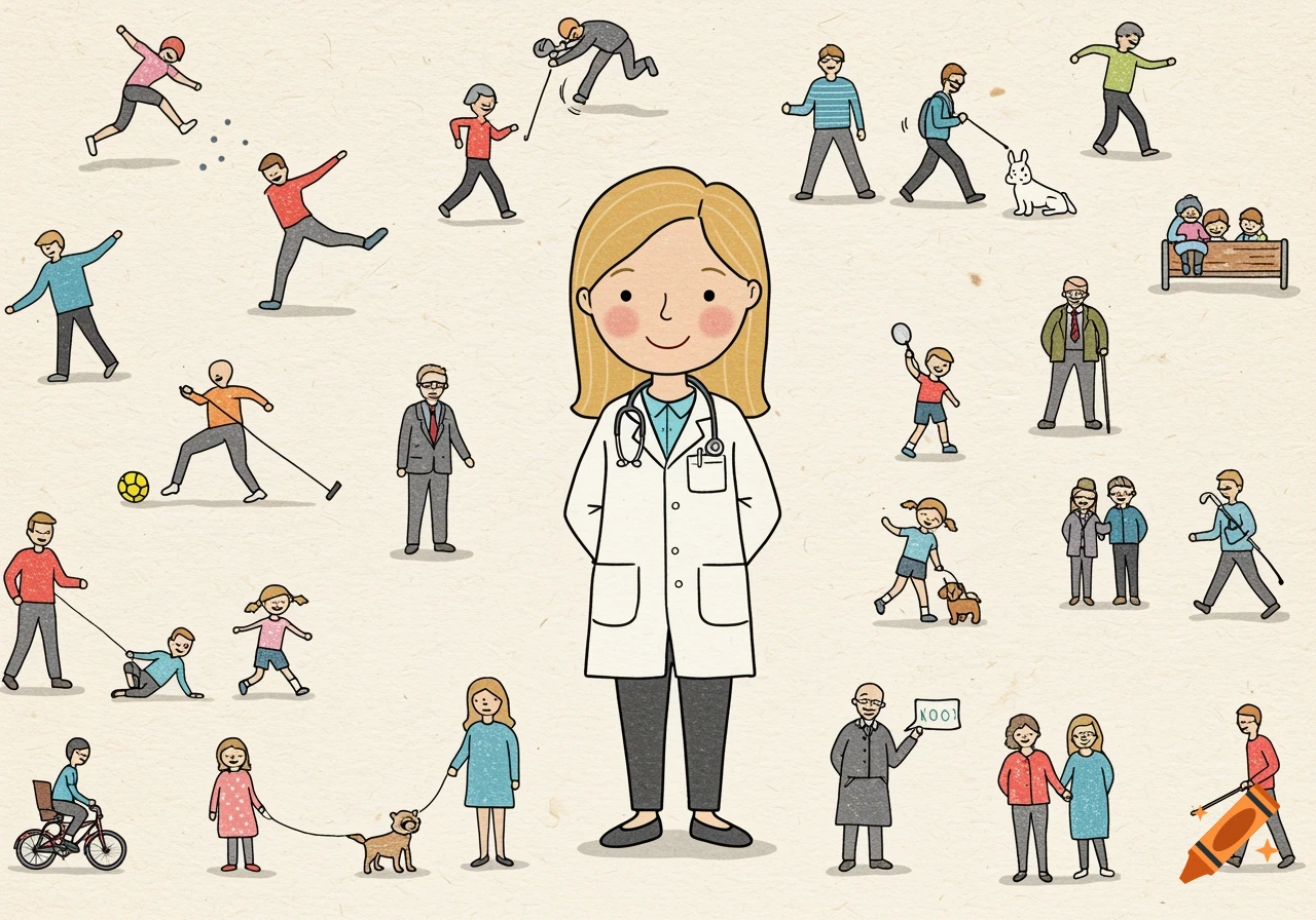 Illustration of a female doctor surrounded by small figures doing various activities like sports, walking, and playing.