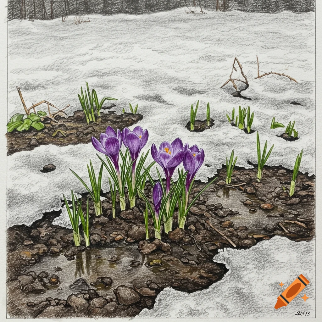Colored pencil sketch of purple crocuses and green shoots emerging from melting snow.