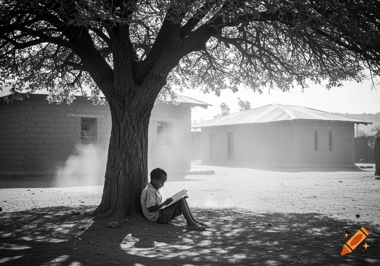 Black and white photo of a child reading a book under a large tree in a dusty schoolyard.
