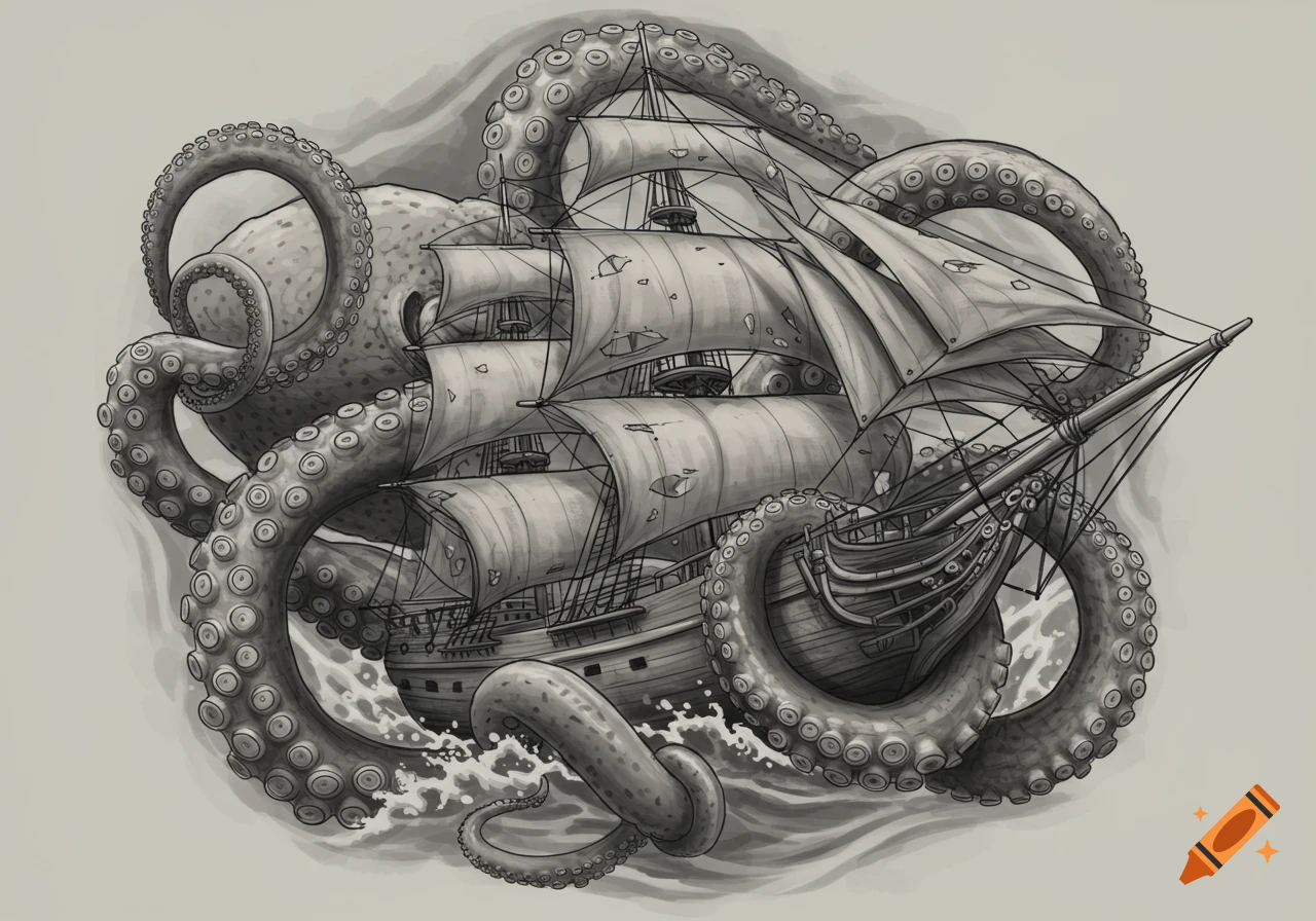 Grey and white illustration of a giant octopus attacking a sailing ship.