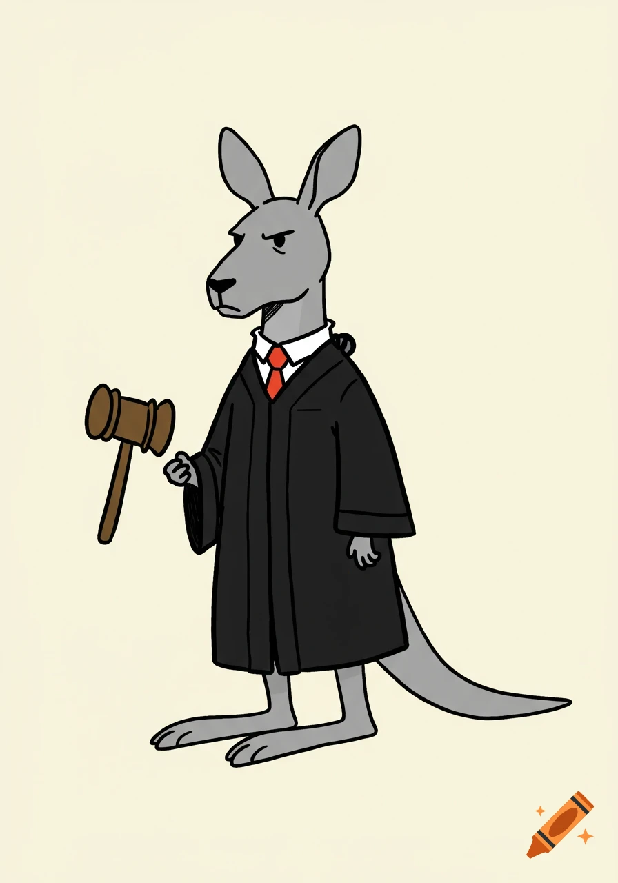 Simple drawing of a kangaroo in a judge's robe holding a gavel.