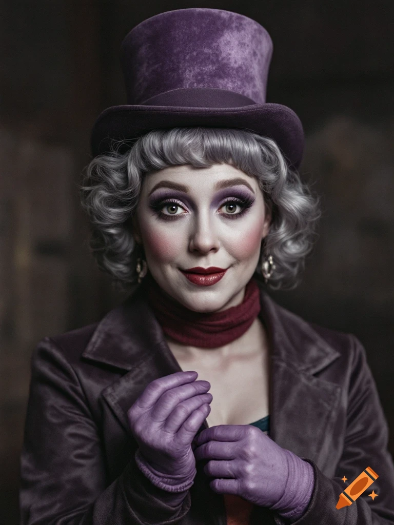 Portrait of a woman in purple top hat, coat, and gloves, with theatrical makeup.