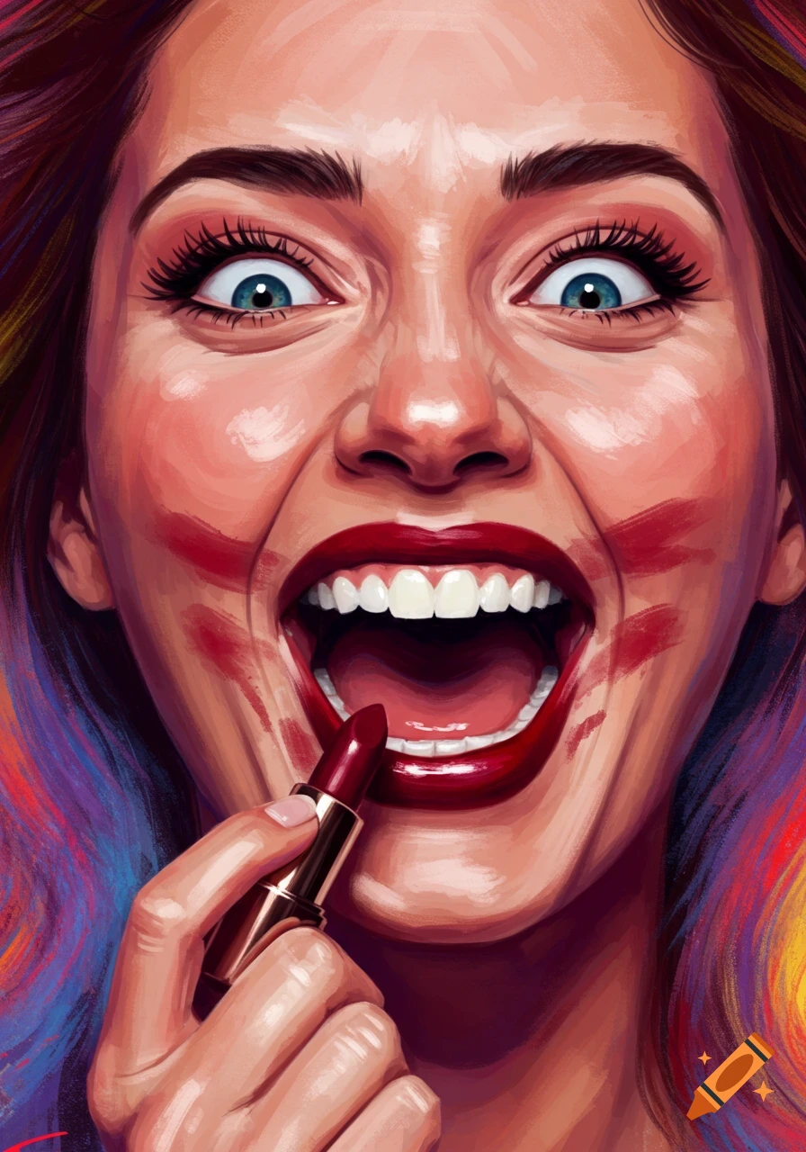 Close-up of a woman laughing while applying messy red lipstick.