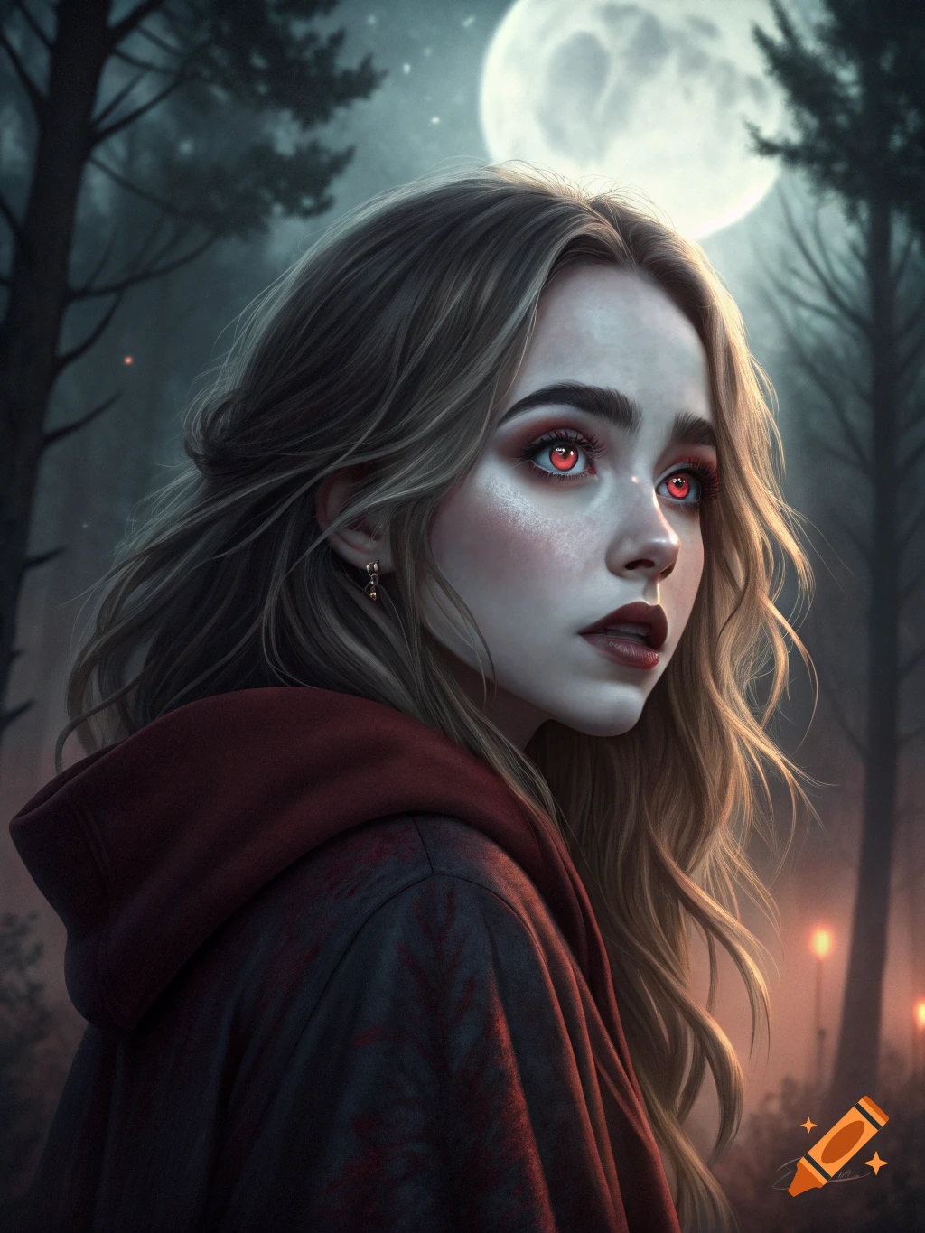 Young woman with red eyes in dark forest under full moon, gothic fantasy portrait