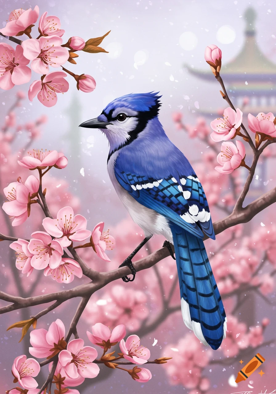 A blue jay perched on a branch with pink cherry blossoms.