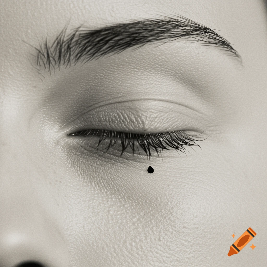 Close-up black and white photo of a closed eye with a black tear drop below it.