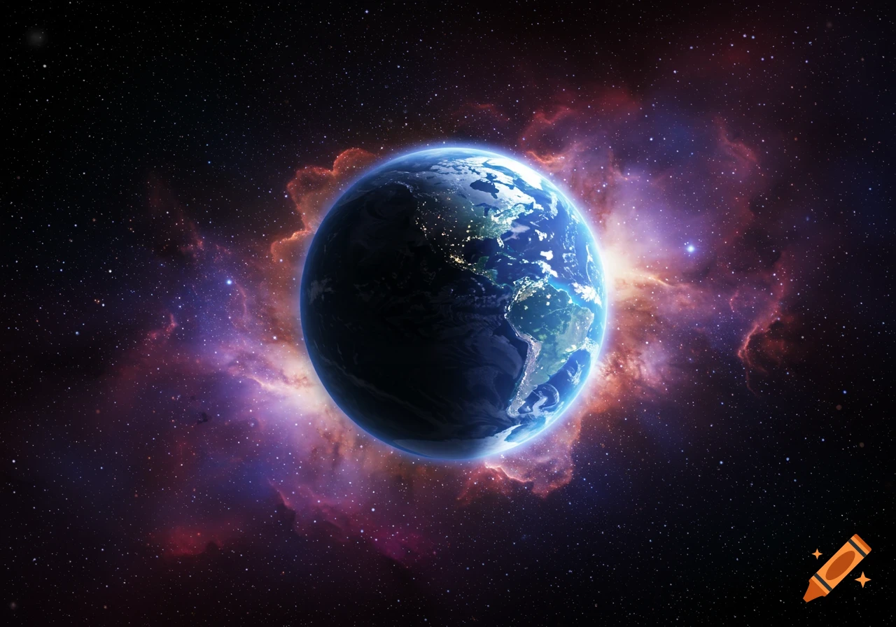 Earth viewed from space with city lights, surrounded by a colorful nebula and stars.