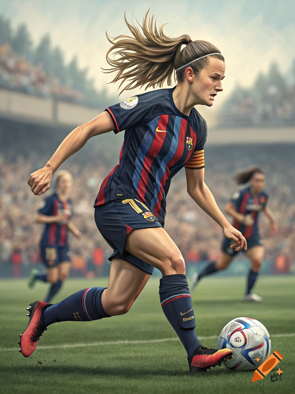 A female footballer in a blue and red striped kit runs with the ball on a soccer field during a match.