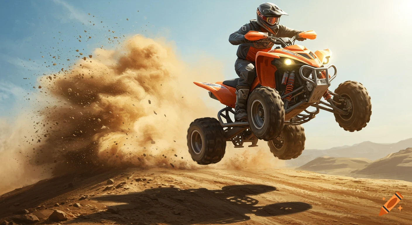 An ATV rider jumps a dirt mound, kicking up dust.