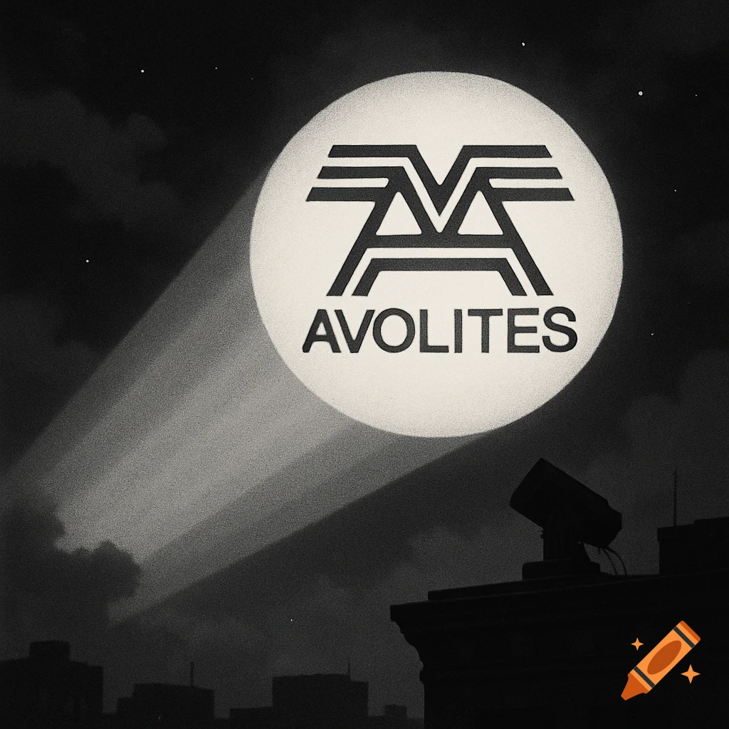 Stylized Avolites logo projected onto a night sky like a batsignal above a city skyline.