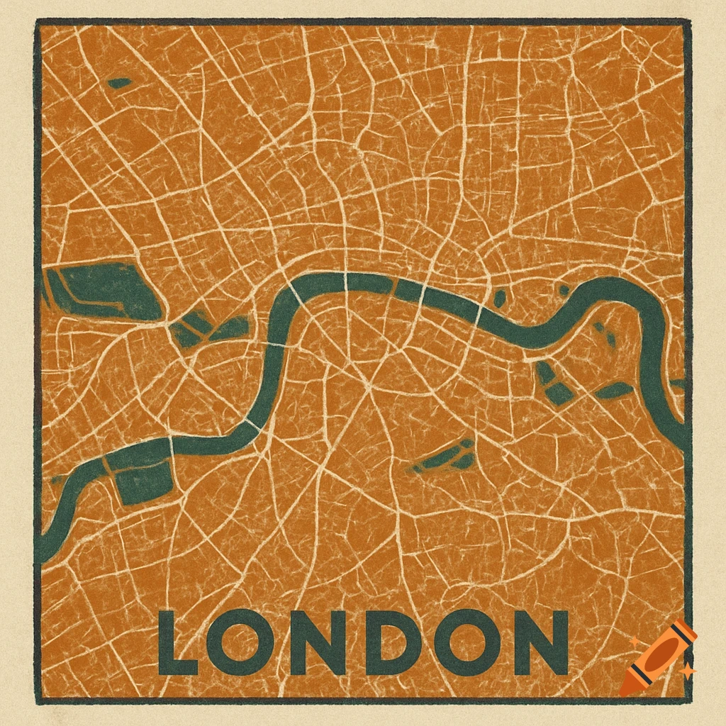 Stylized map of London with the word LONDON below, in orange and green with a textured look.