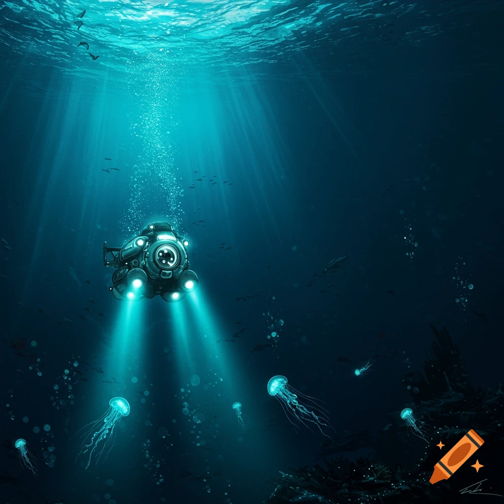 A submersible and jellyfish in the deep ocean with light shafts from the surface.