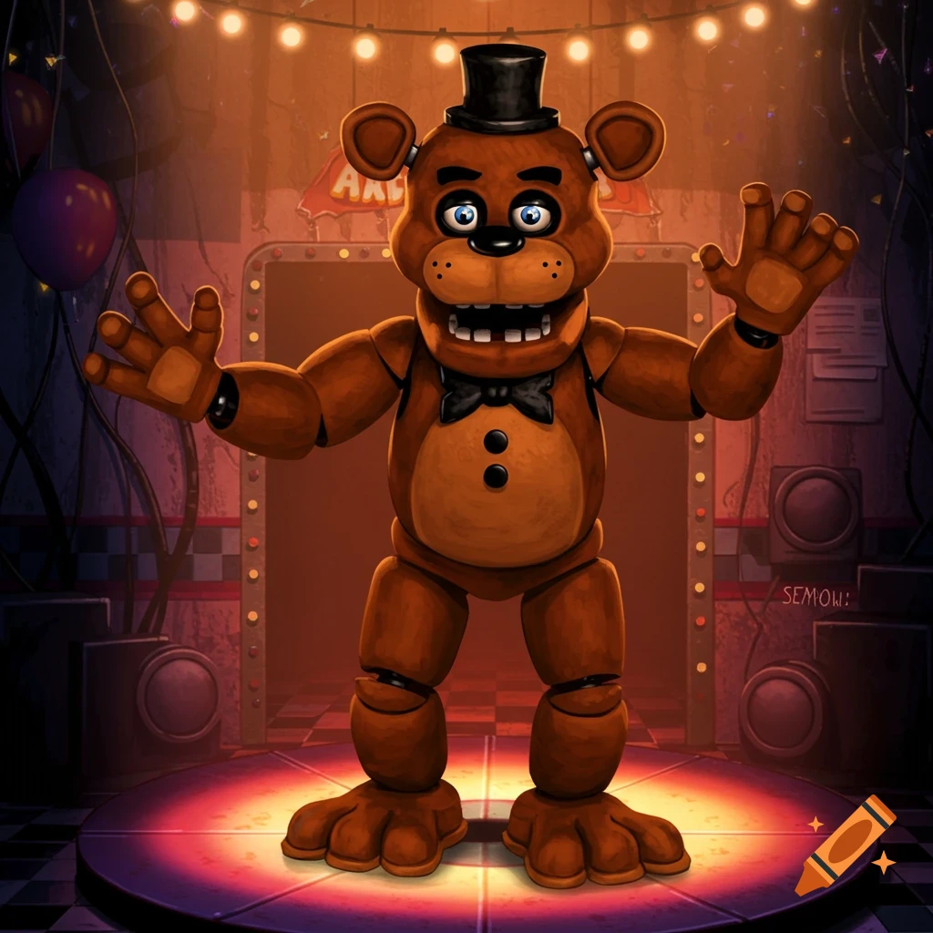 Freddy Fazbear on a stage with lights and checkered floor, arms outstretched.