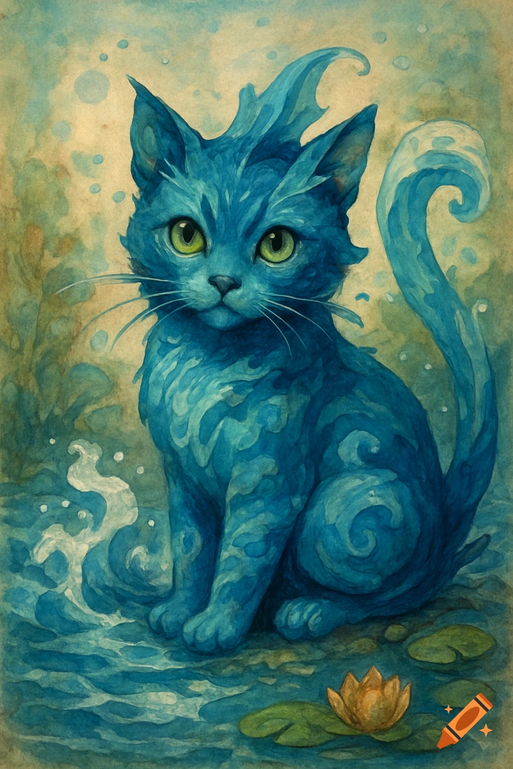 A blue cat made of water sits by lily pads in a watercolor painting