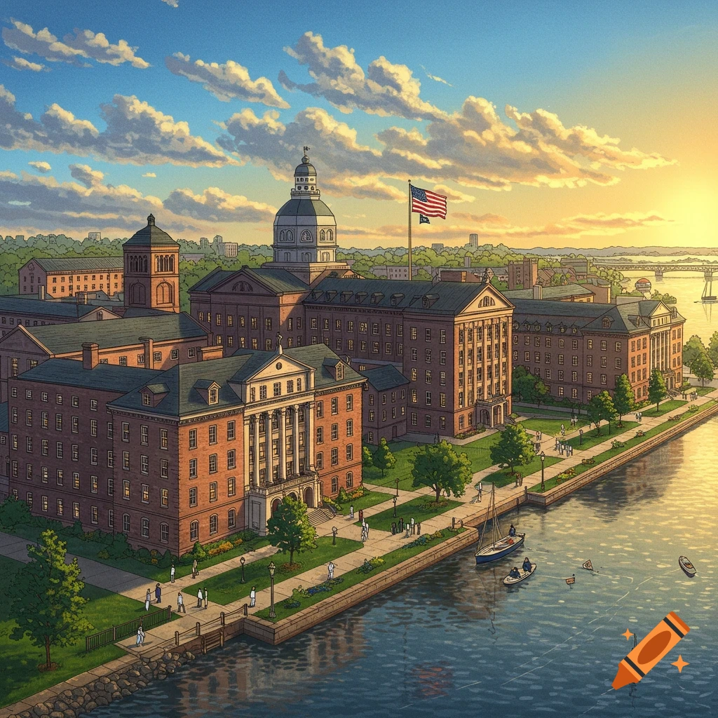 The United States Naval Academy buildings are shown along a riverfront at sunset.