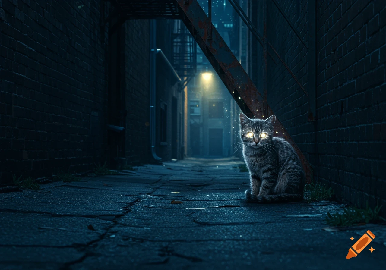 A gray tabby cat with glowing eyes sits in a dark, eerie alleyway at night.