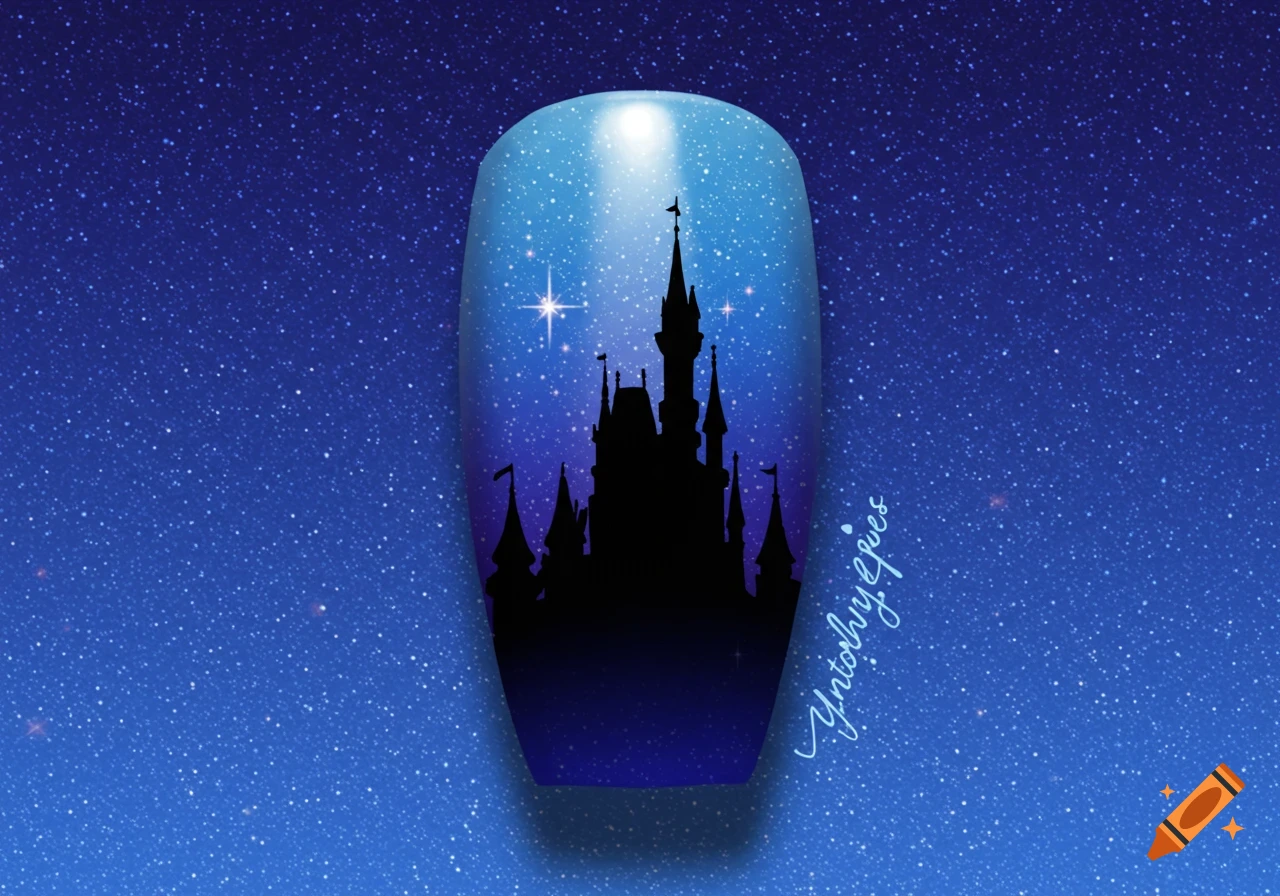 A nail design with a blue gradient, featuring a black silhouette of a castle and white stars against a starry background.
