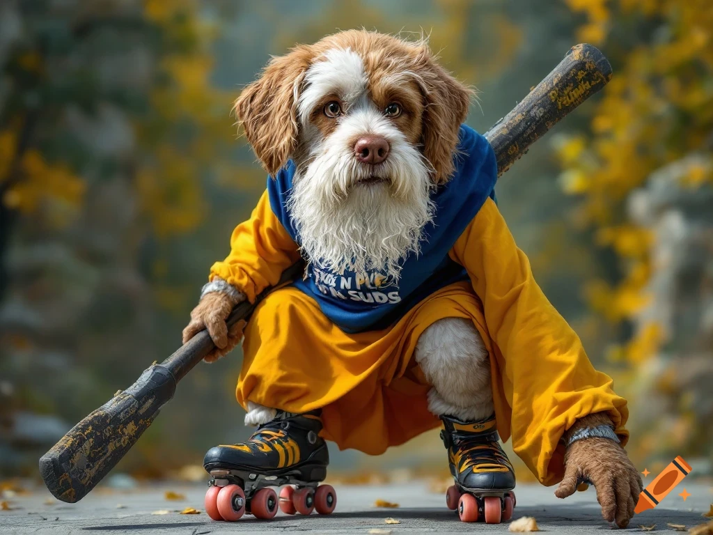 A dog in a blue and yellow outfit, wearing roller skates and holding a baseball bat.