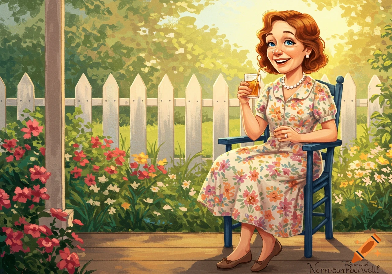 A woman sits in a chair in a garden, holding a drink.