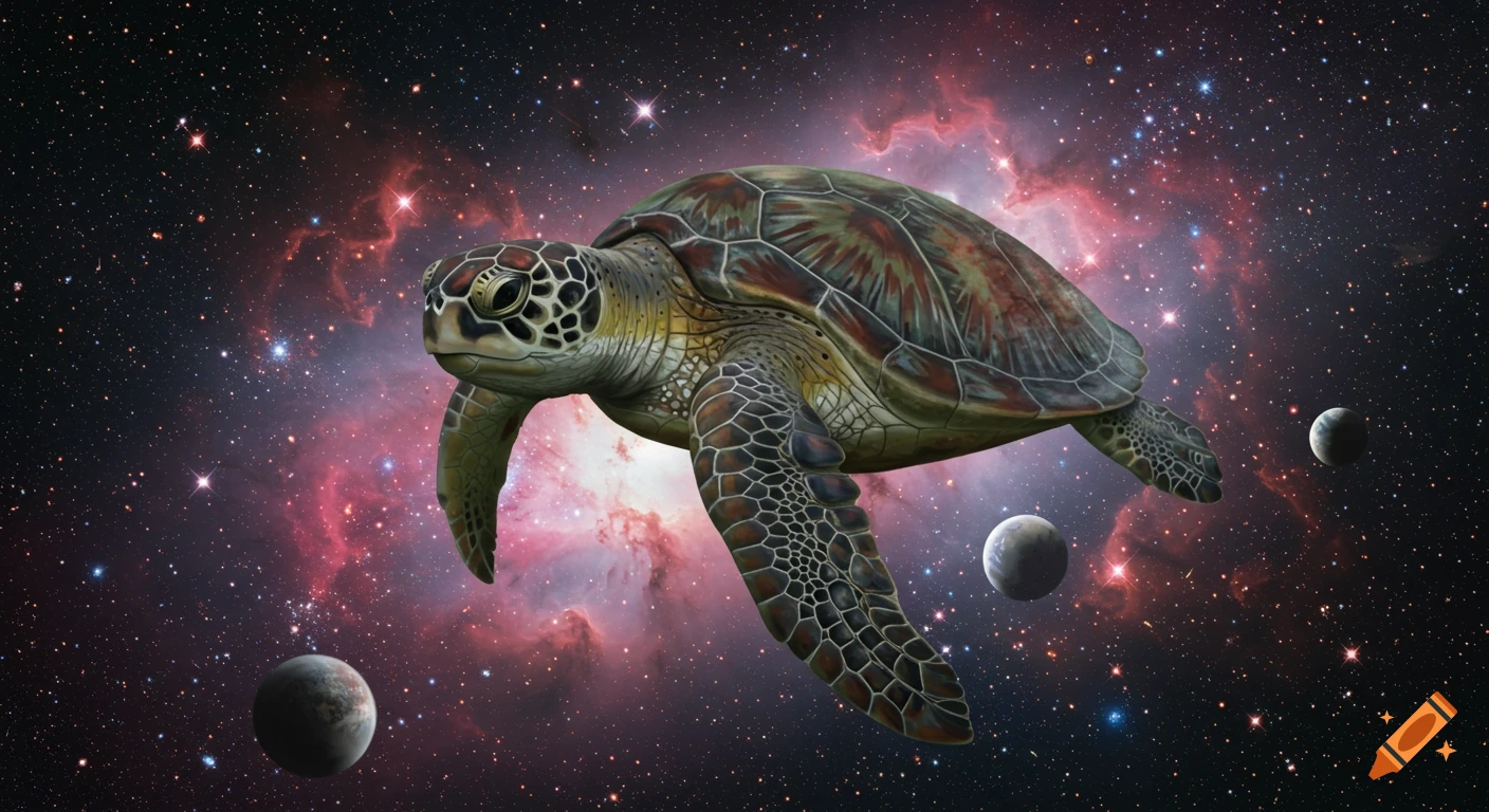 A sea turtle floating in space with planets and galaxies.