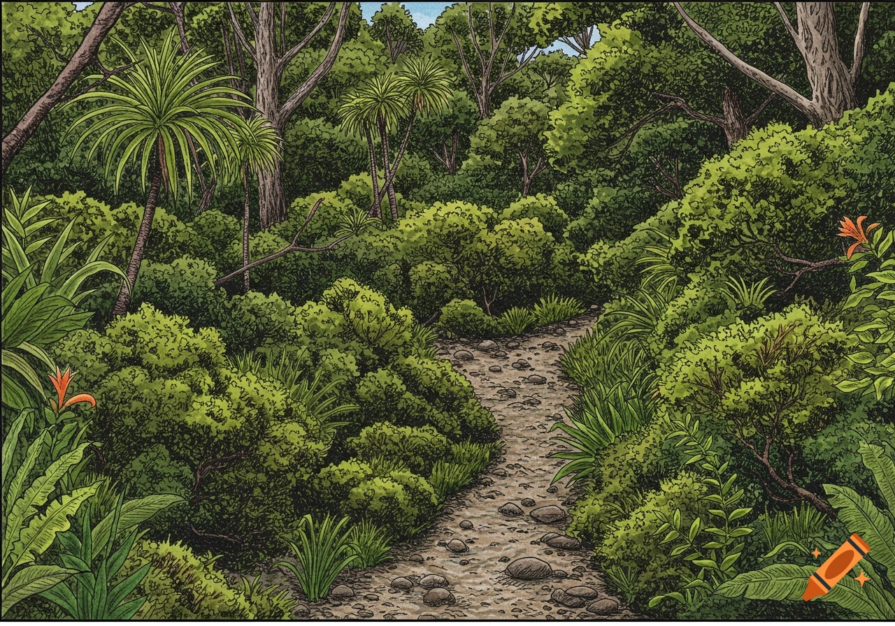 A winding path through a lush green forest.