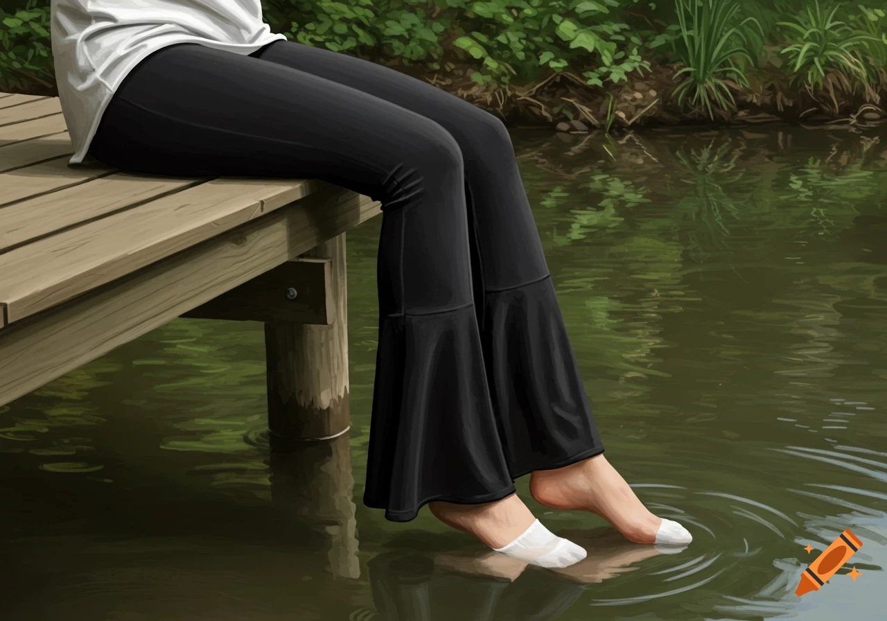 A woman sitting on a dock with her feet in water, wearing black yoga pants and white socks.